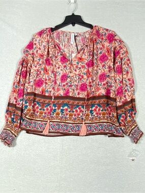 Grace + Karma Boho Foral Peasant Blouse Women's M Pink V-Neck Tassels Flowy NWT